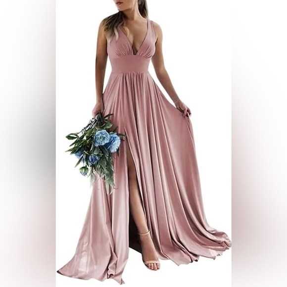 Deep V-Neck Bridesmaid Dress with Slit Chiffon Formal Pleated A Line Dusty Rose - Picture 1 of 6